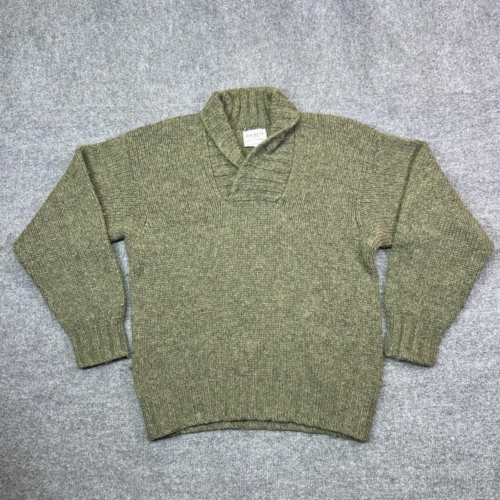 Hackett Sweater Mens Large Green Shetland Wool Shawl Collar Pullover Knit